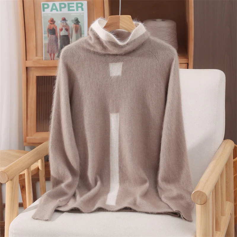 ADDONEE Women Mink Cashmere Sweater Autumn Winter Thick Stacked Color Knitting Soft Warm 100% Mink Cashmere Knitwear Top