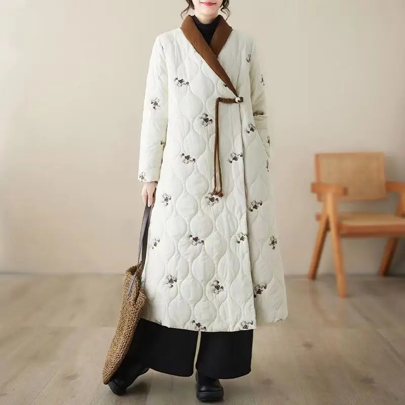 Embroidery X-long Cotton Jacket Vintage Autumn Winter Women Clothes Parkas Loose Quilted Jacket Warm Coat Windproof Chic Jackets