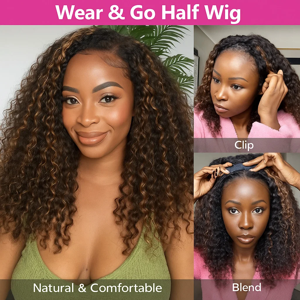 1B/30 تسليط الضوء على موجة عميقة نصف شعر مستعار شعر الإنسان سلس الوجه على شعر مستعار سلاسل Invisi أومبير قابل للتعديل 3/4 نصف شعر مستعار غلويليس