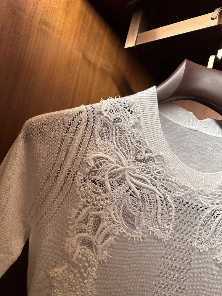 

Ele Camere Lace Hollow out Knitted ort Sve Women's Top Faionable Breathable Summer Pullover Quali Premium