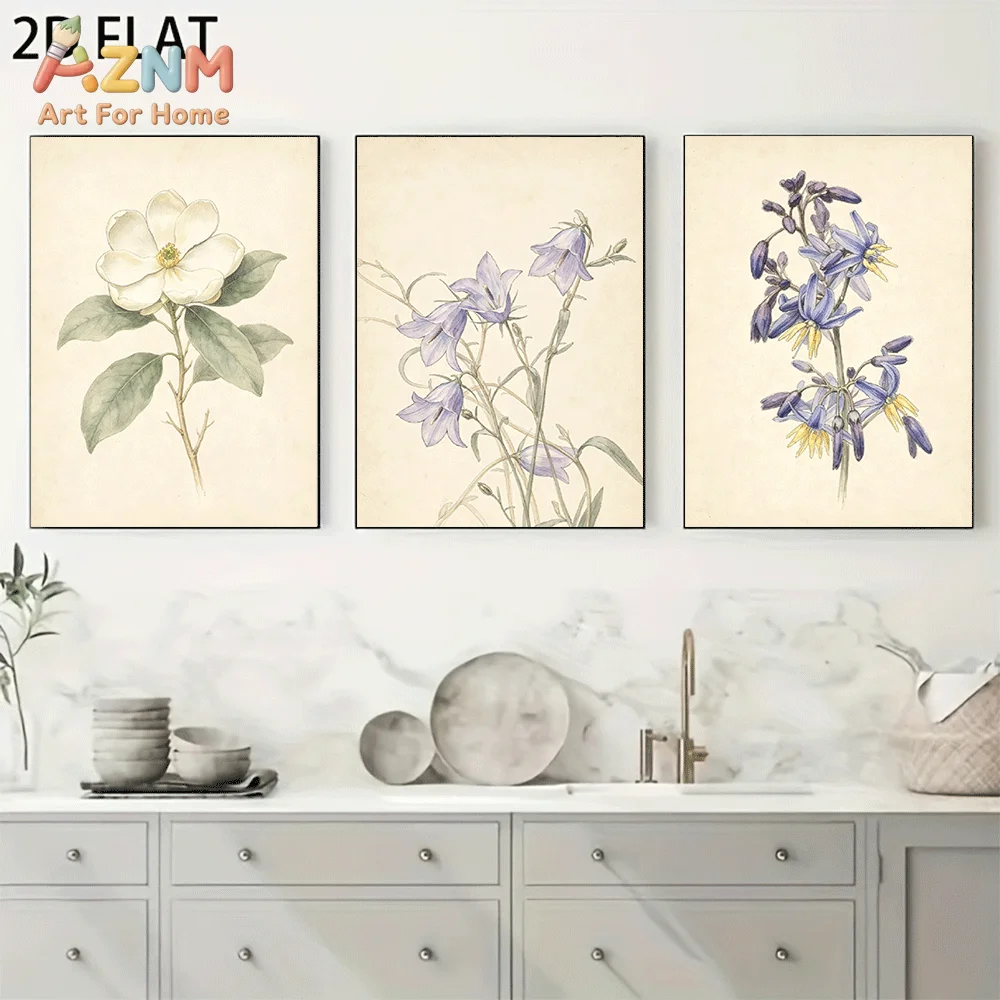 AZNM Frameless Canvas Wall Art, Vintage Botanical White Purple Flower Print, Antique Watercolor Floral Wall Decor for Living Roo