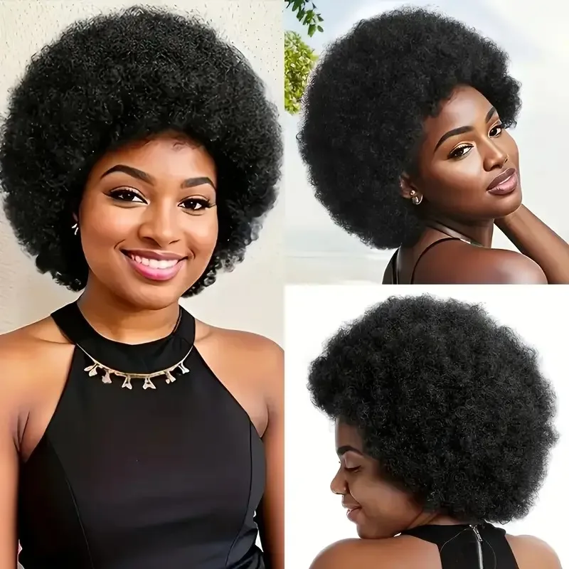 70-е 13X4 Короткие афро-кудрявые вьющиеся парики из натуральных волос для женщин Черный афро-парик Упругие мягкие натуральные афро-кудрявые парики