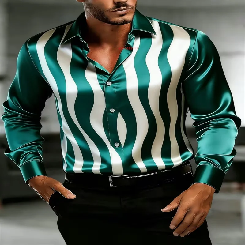 Men's Luxury Satin Long-Sleeve Dress Shirt – Green and White Wavy Stripe Print – Elegant Collared Button-Down Formal Shirt