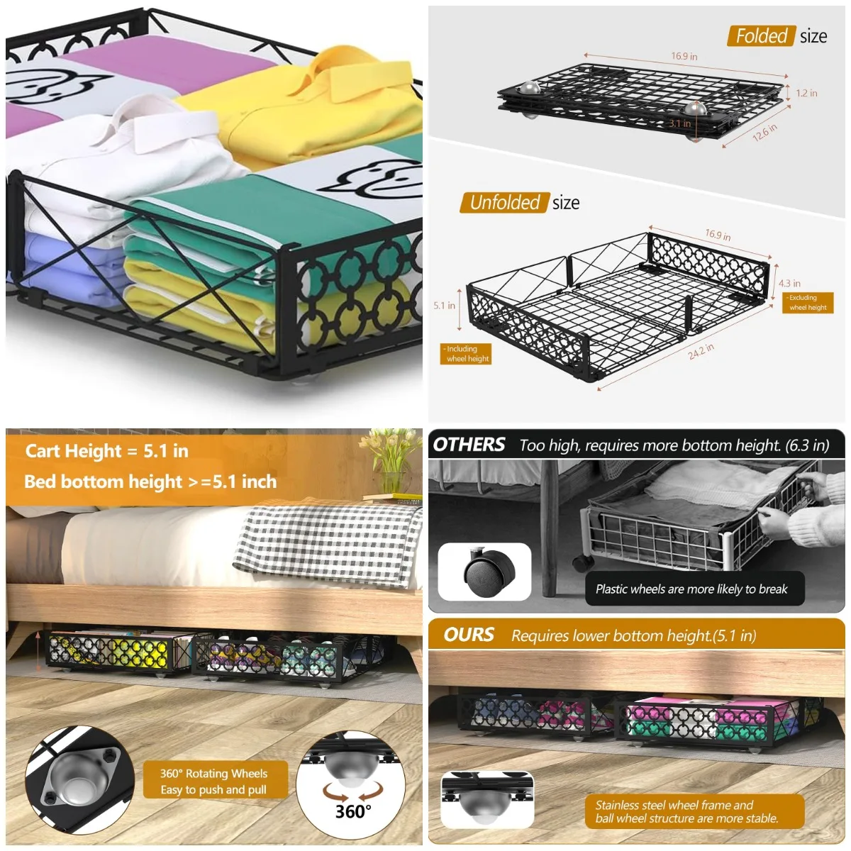 

Контейнеры для хранения под кроватью на колесиках, складные металлические контейнеры-органайзеры для одежды, обуви, одеял