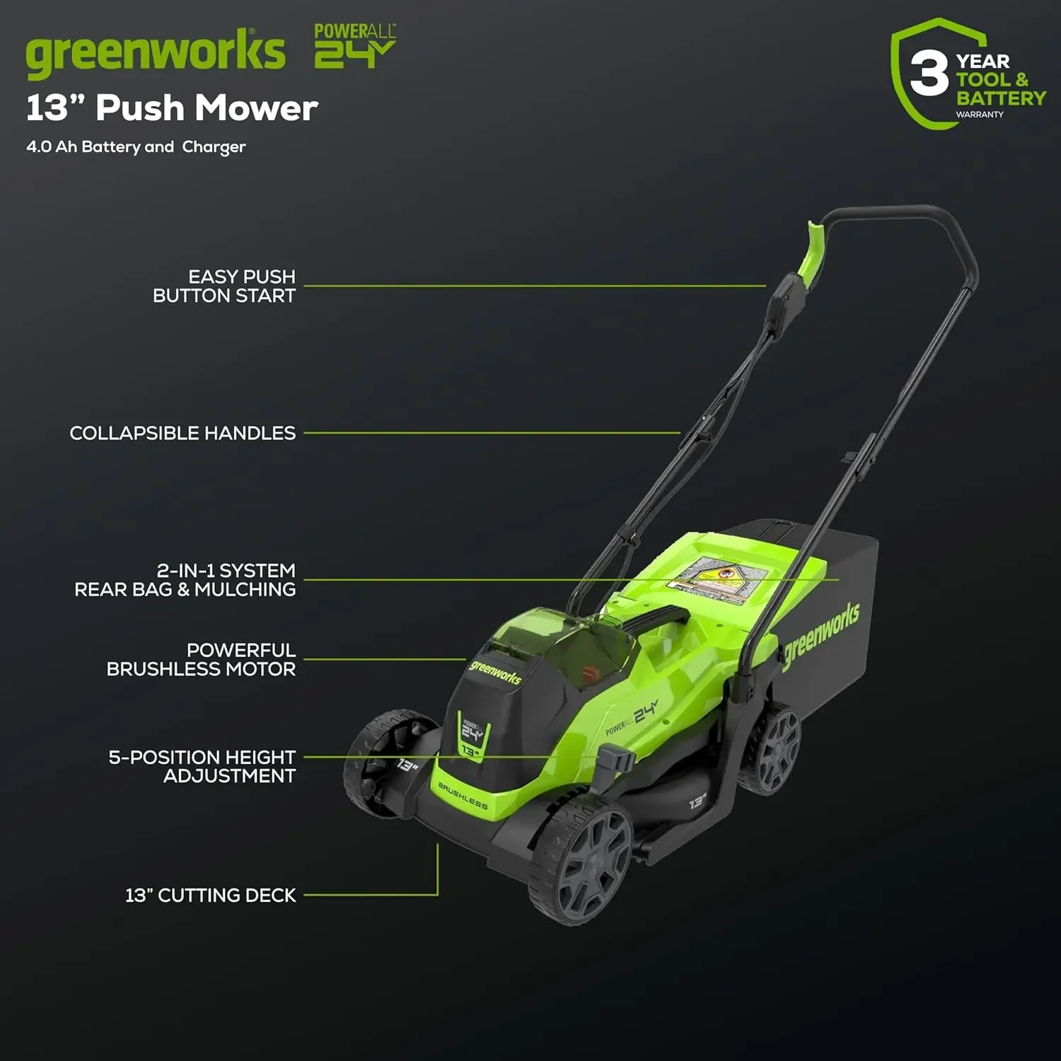 

24V 13" Brushless Cordless (Push) Lawn Mower, 4.0Ah Battery and Charger Included