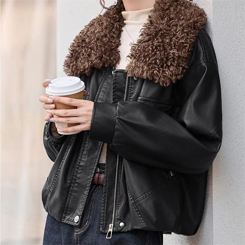 Fashion Women's Leather Jacket Autumn Winter Coat Fleece-lined Thickened New Detachable Fur Collar Warm Leather Outwear Tops