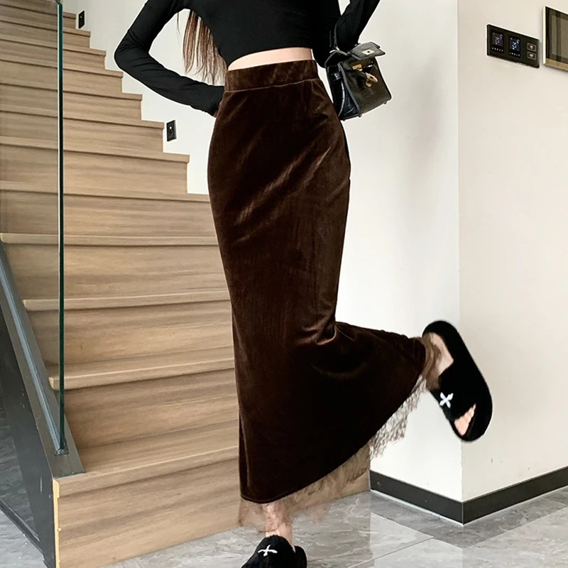 Faldas largas elegantes de terciopelo negro para mujer, ropa Y2k de encaje de cintura alta, ropa de calle coreana, falda de longitud media para mujer