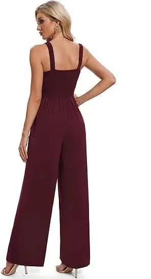 2025 Summer Women's Jumpsuits Fashione High-waisted Slimming Pocket Square Collar Backless Straight Strap Jumpsuit