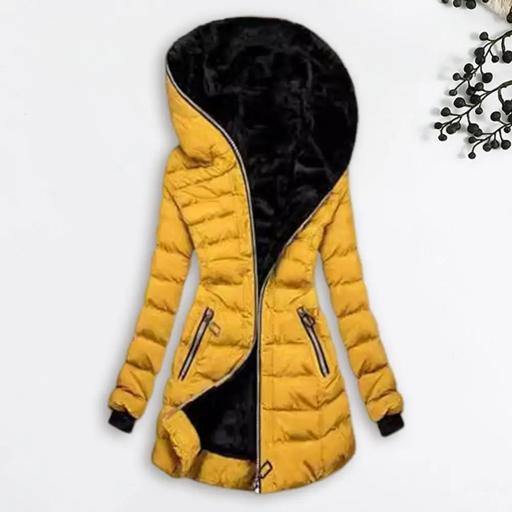 2026 Women Winter Cotton Coat with Hood Zip-up Plush Lined Padded Down Jacket Winddoof Mid Length Long Sleeve with Elastic Cuffs