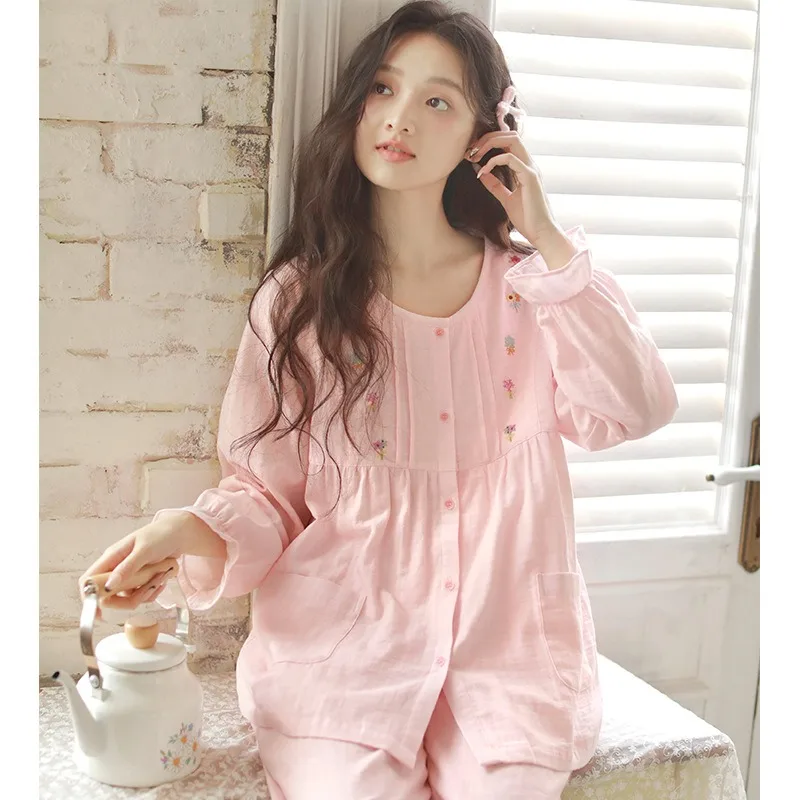 

Women's Autumn Cotton Pajamas Set Long-Sleeved Loungewear with Round Neck Delicate Embroidery Sweet Cute 2PCS Sets