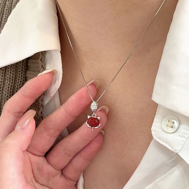 China-Chic Fox Pendant S925 Sterling Silver Inlaid Red Agate Diy Bracelet Necklace Accessories