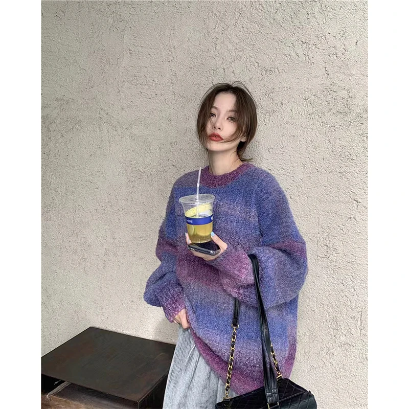 Streetwear Gradient Sweater Women Harajuku Tie Dye Oversized Knitted Pullovers Vintage Korean Casual Knitwear Winter Jumper Tops