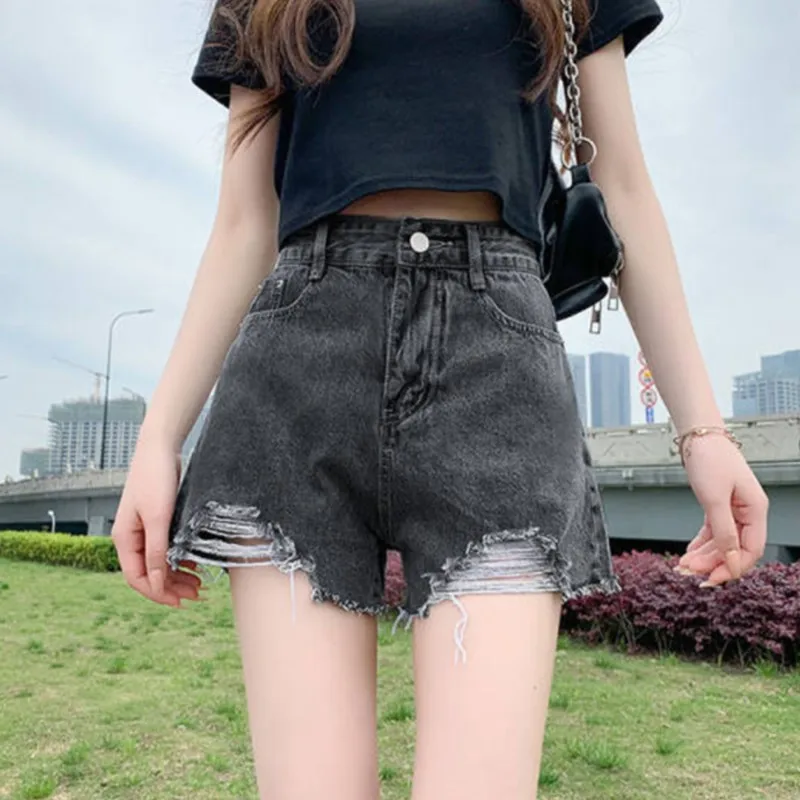 New High Waisted Look Slim Loose A-line Spice Girl Jeans Raw Edge Wearing Hot Pants Ripped White Female Denim Shorts Summer