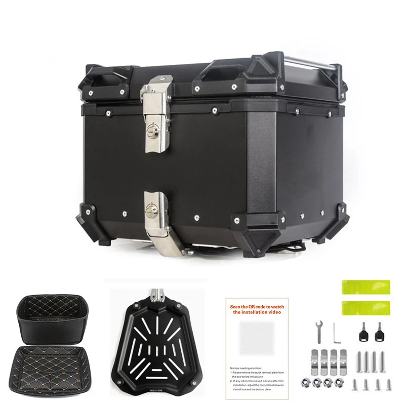 55L Universal Motorcycle Top Case, Aluminum Alloy Waterproof Trunk Tour Tail Box With Reflective Strips For Helmet Luggage Universal Motorbike Accessories