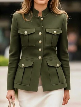 UOOZEE Women's Military Style Jackets Army Green Stand Collar Gold Button Slim Fit Multi-Pocket Casual Office Blazer Outerwears
