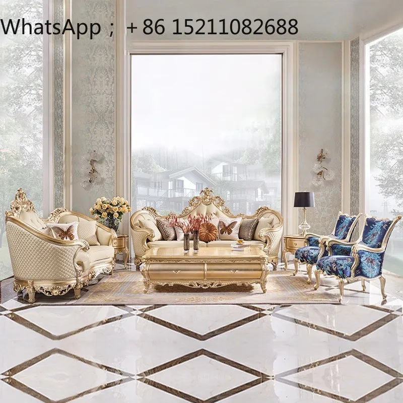 LLY villa high-end solid wood sofa living room combination court style retro carved leather art leather sofa