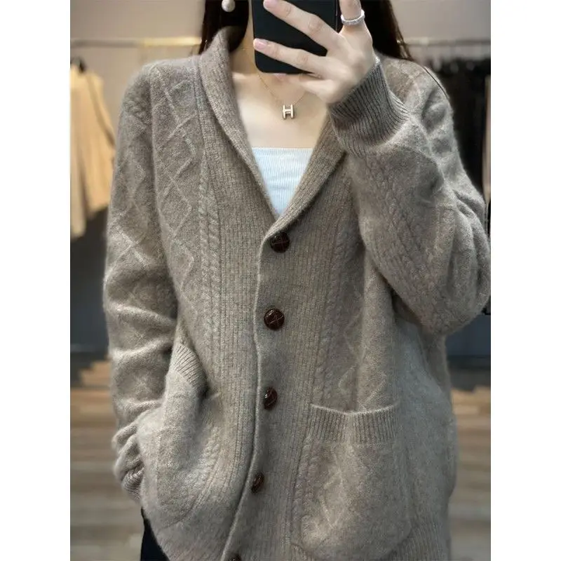 Women's Autumn and Winter New Fashion Elegant V-neck Solid Long Sleeve Knitwear Casual Versatile Loose Commuter Popularity Tops