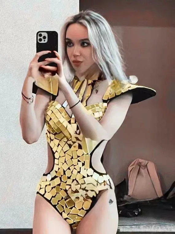 

Red Gold Sliver Fly Shoulder Hollow Out Mirror Sequins Bodysuit+Glasses Rave Outfit Stage Performance Clothes Gogo Show
