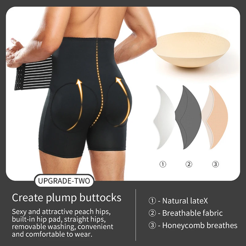 Men Compression Shorts Hi-Waist Tummy Control Boxer Waist Trainer Padded Panty Shapewear Sexy Ass Underwear with Pouch for Balls