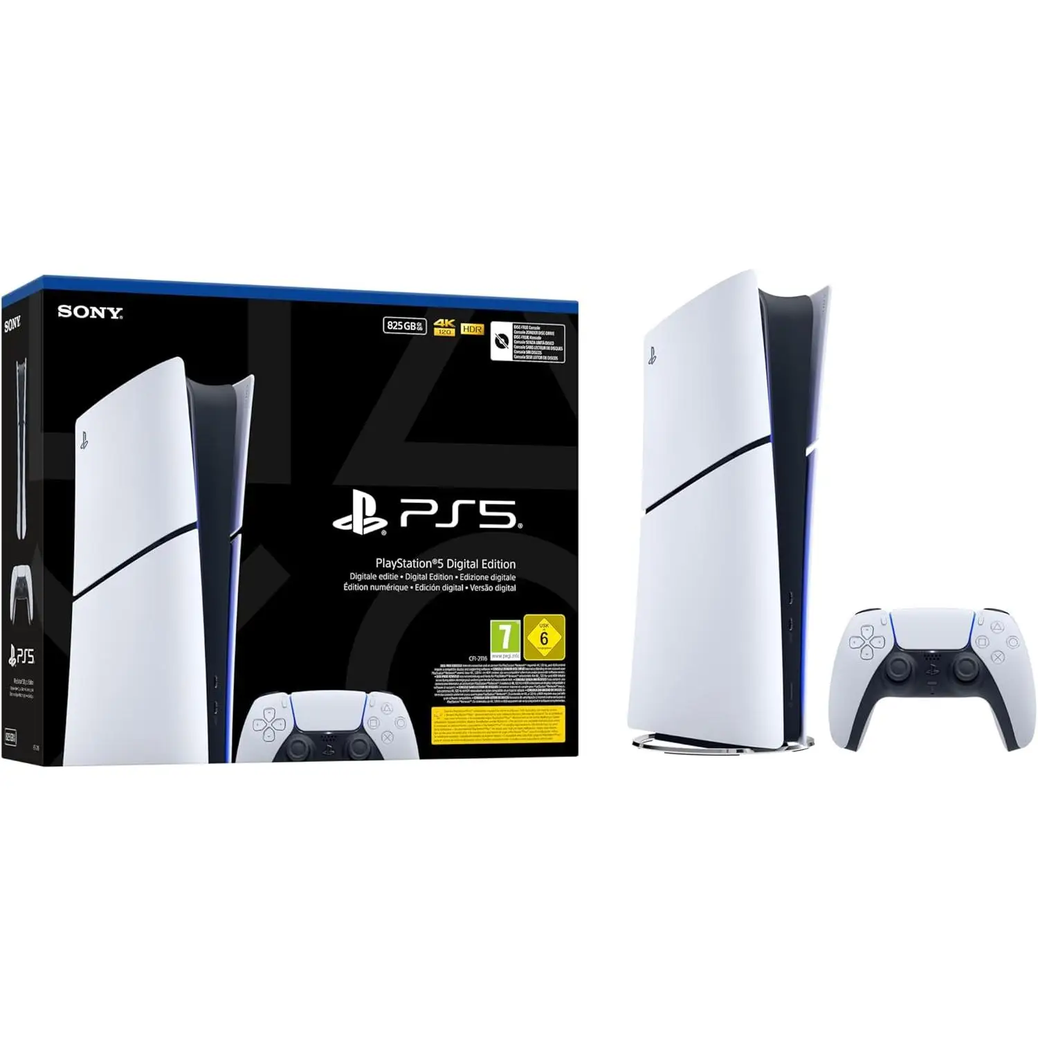 Sony PlayStation 5 Slim Digital Edition 825GB, gaming console with 825GB SSD, 4K resolution, ray tracing, and DualSense controller for digital gaming experience, ideal for compact setups and retro games.