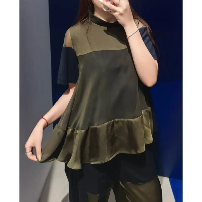SAC Japanese 26 summer light and thin design chiffon shirt color matching loose short-sleeved top