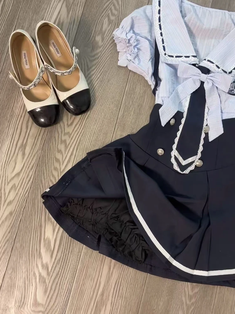 Summer Korean Sweet College Style JK Suit Bubble Sleeves Slim Shirt High Waist Fluffy Skirt New Design Fashion Harajuku Outfit