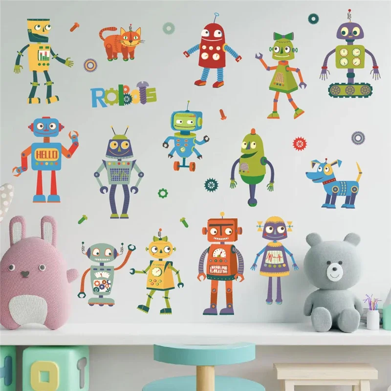 Funny Animals Robots Pattern Wall Stickers For Kids Room Bedroom Home Decoration Diy Cartoon Mural Art Pvc Decals Boys Posters