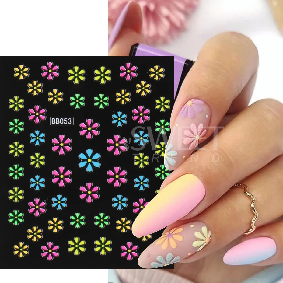 3D Neon Nail Stickers Sets Fluorescence Flower Stars Heart for Children Students Nails Cute Cartoon Design Art Decals Manicure