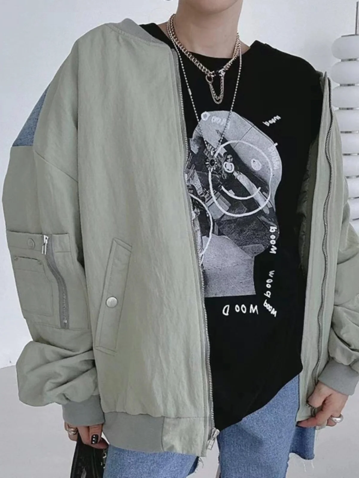 

Chic Autumn Winter Loose Fit Zipper round Ne Color Blo Design Long Sve Denim Jaet Versatile Casual Women's Outerwear