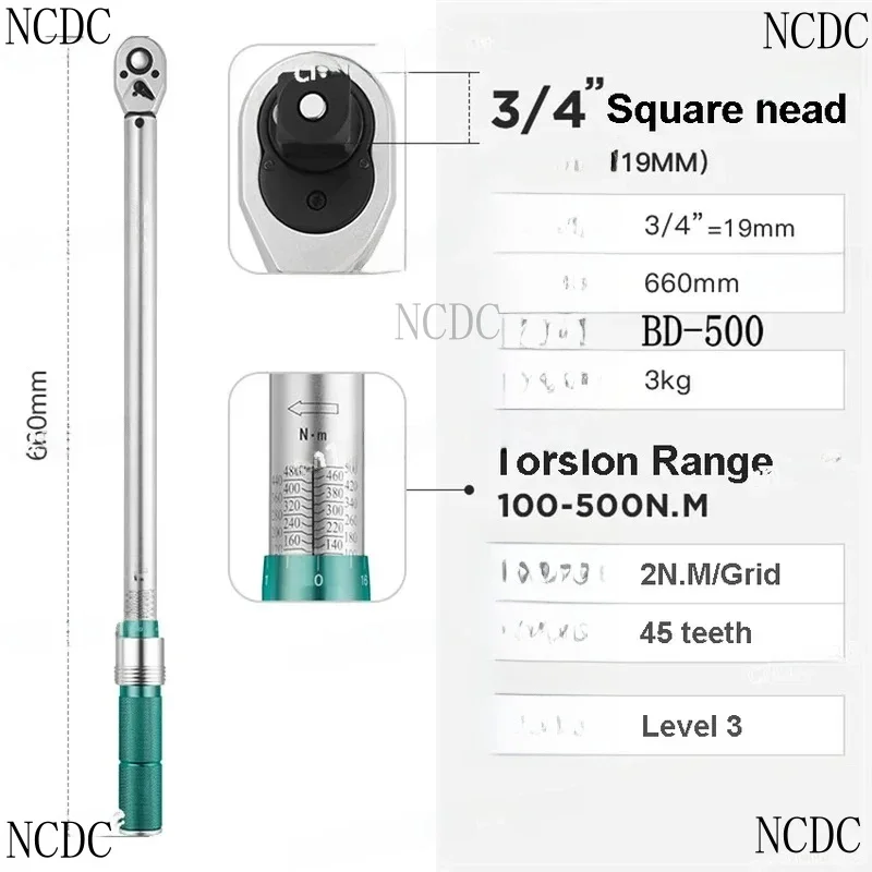 3/4 Square Drive 500N.Accuracy 3% Car Bike Hand Tools Spanner Two-Way Ratchet Repair Torque Wrench