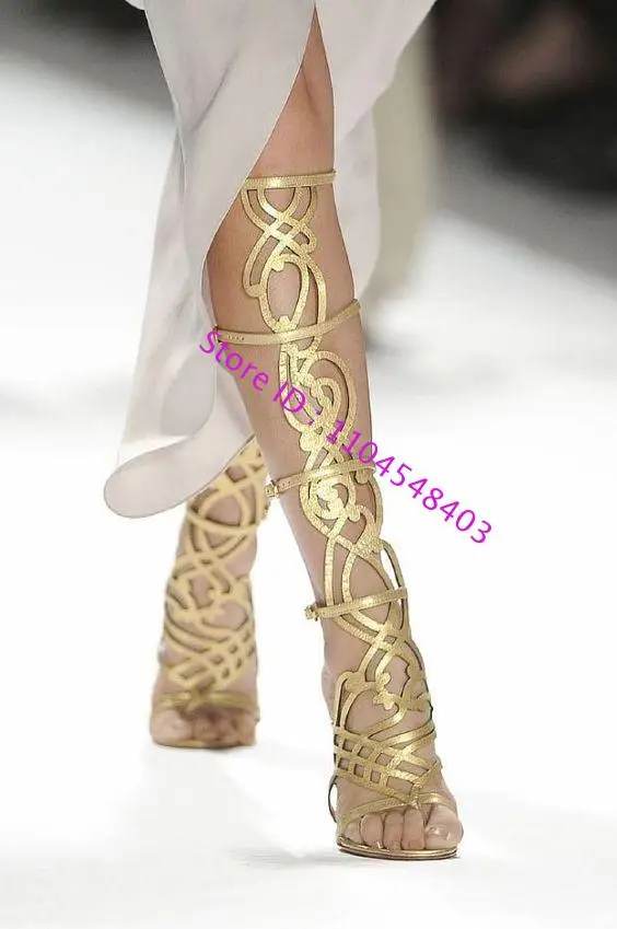 

Zip Hollow Gold Leather Sexy Knee High Boots Lady Show Chunky High Heel Summer Boots Women Shoes Gladiator Sandals Plus Size