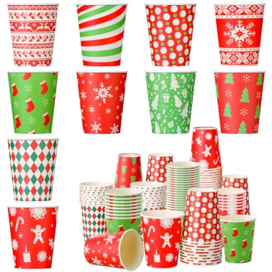 

100 Pcs Christmas Paper Cups Bulk Disposable 9 oz Hot Chocolate Coffee Christmas Tree Snowflake Plaid Cups for Holiday Party Su