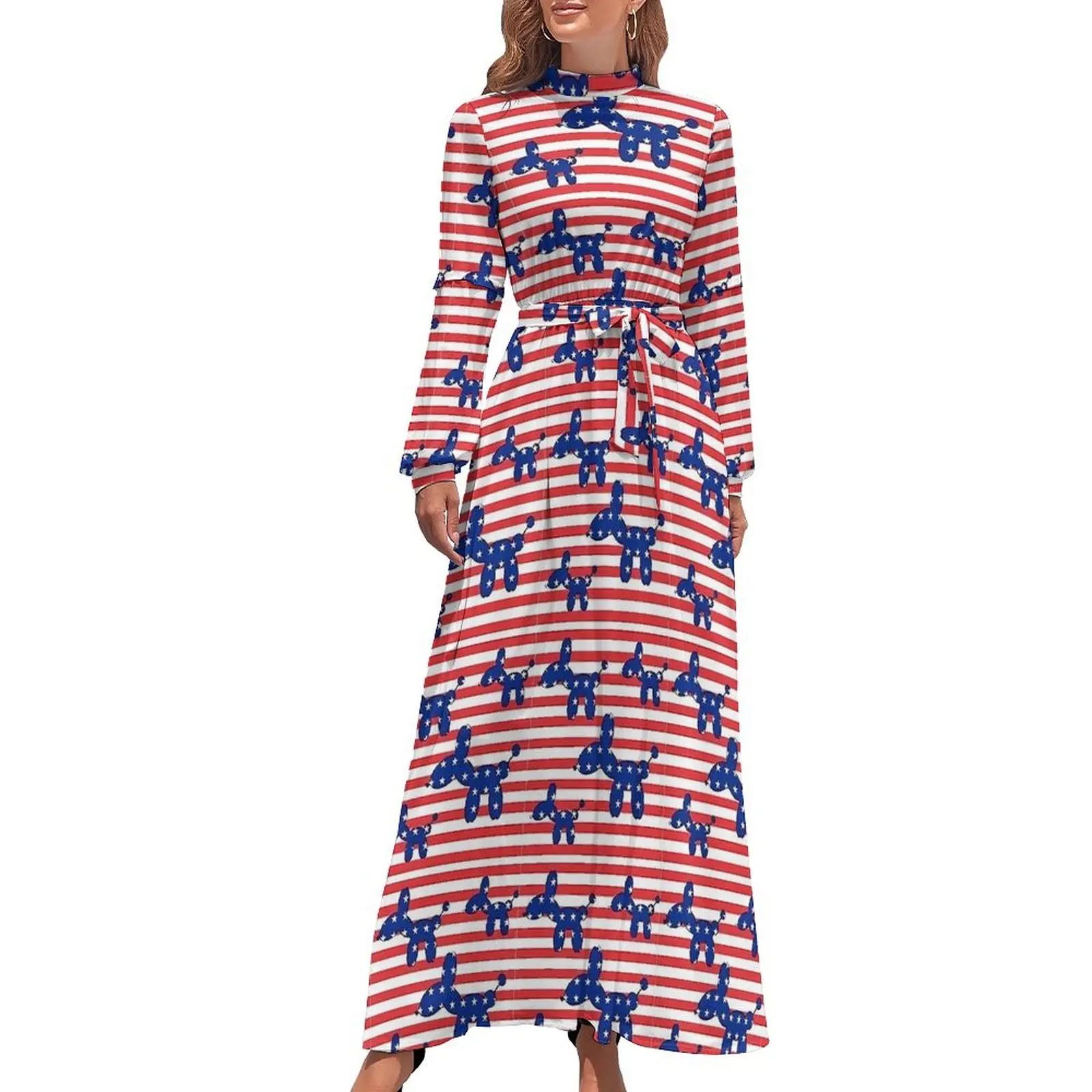 Balloon Dogs Stars on Stripes Dress Kawaii Maxi Dress Aesthetic Beach Long Dresses High Waist Design Vestidos