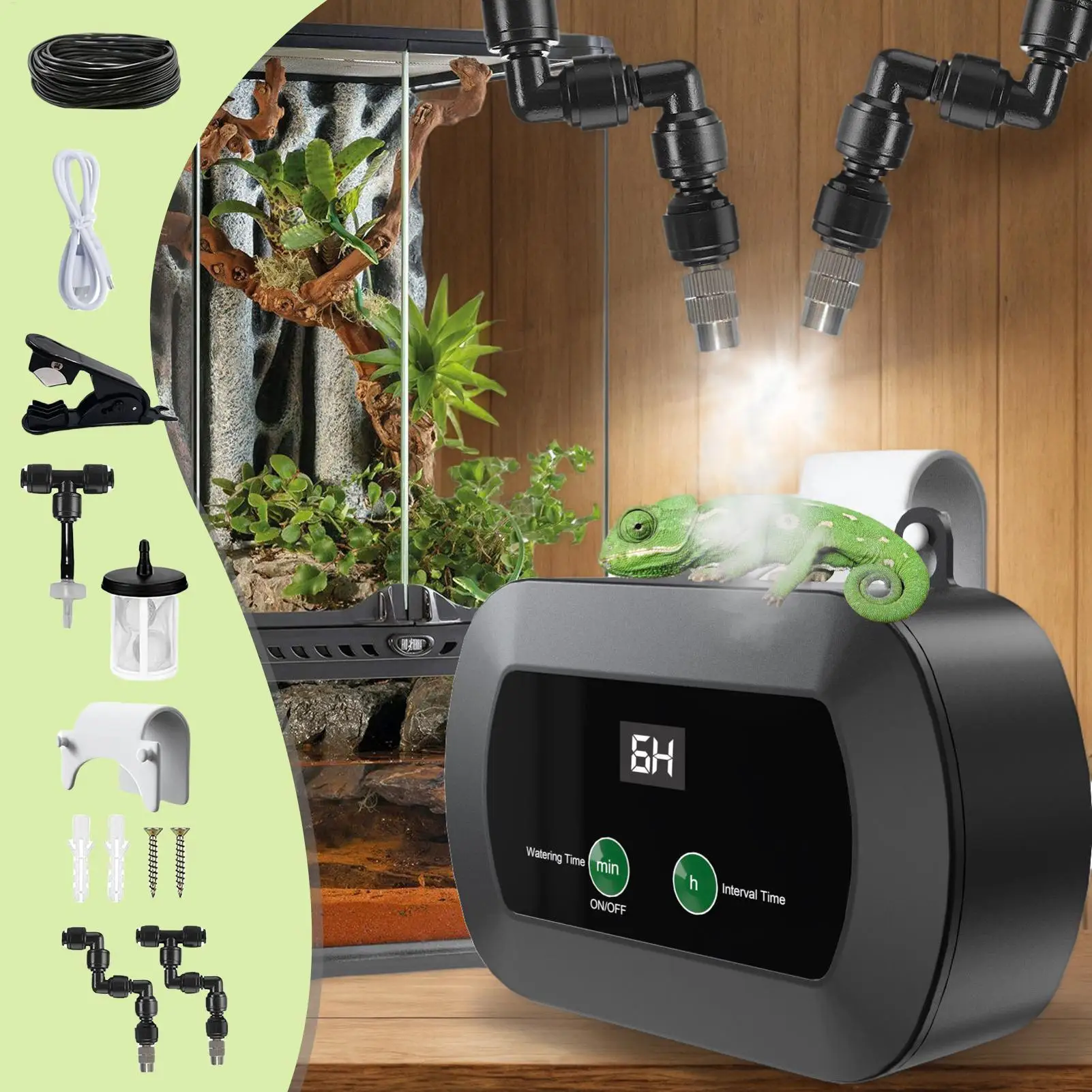 Humidificador Automático para Reptiles con Temporizador, Nebulizador Portátil con Boquilla Ajustable de 360° para Camaleones, Ranas y Serpientes