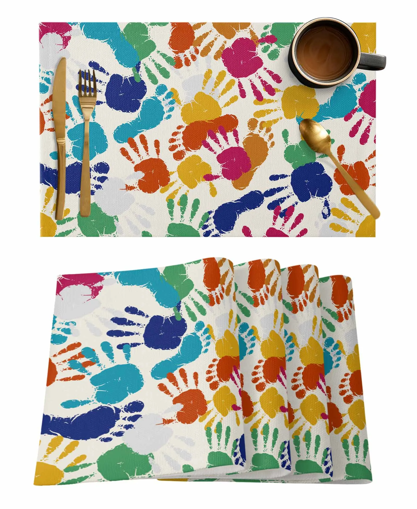 Colorful Handprint and Footprint Texture Kitchen Dining Table Decor Accessories 4/6pcs Placemat Heat Resistant Tableware Mat