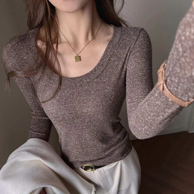 Women U Neck Long Sleeve Base Top Autumn Winter Soft Slim Fit Hide Fat Versatile Undershirt