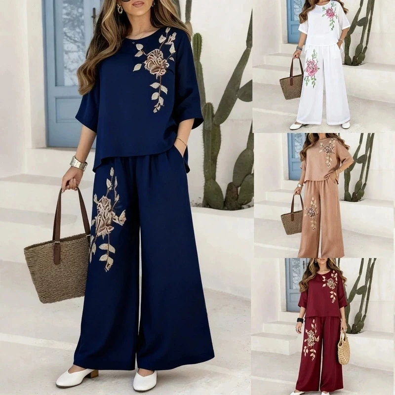 Casual Print O-neck Pullovers And Wide Leg Pants Sets Summer New Loose Solid Color Commute Outfits Elegant Lady Pocket Pants Set