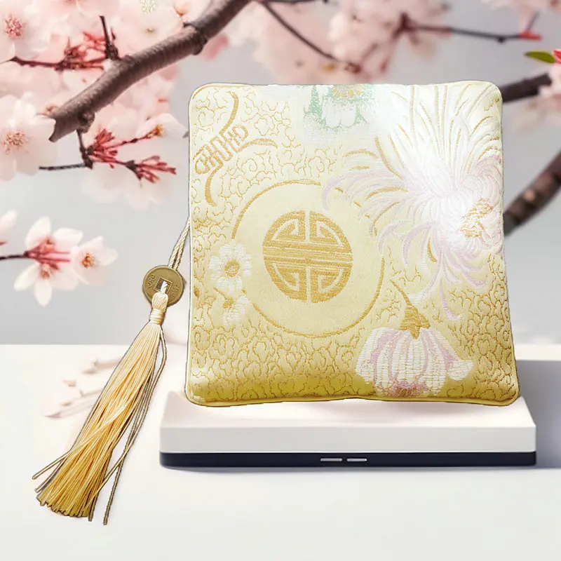 Classy Beige Square Wallets With Flower & Longevity Character Shou Pattern Coin Purse Tassels Design Cardholder Lucky Accessory