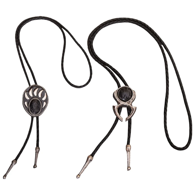 Cowboy Leather Cord Bolo Tie with Bear's Paws and Stone Pendant for Men and Women Adjustable Necktie Jewelry Drop Shipping