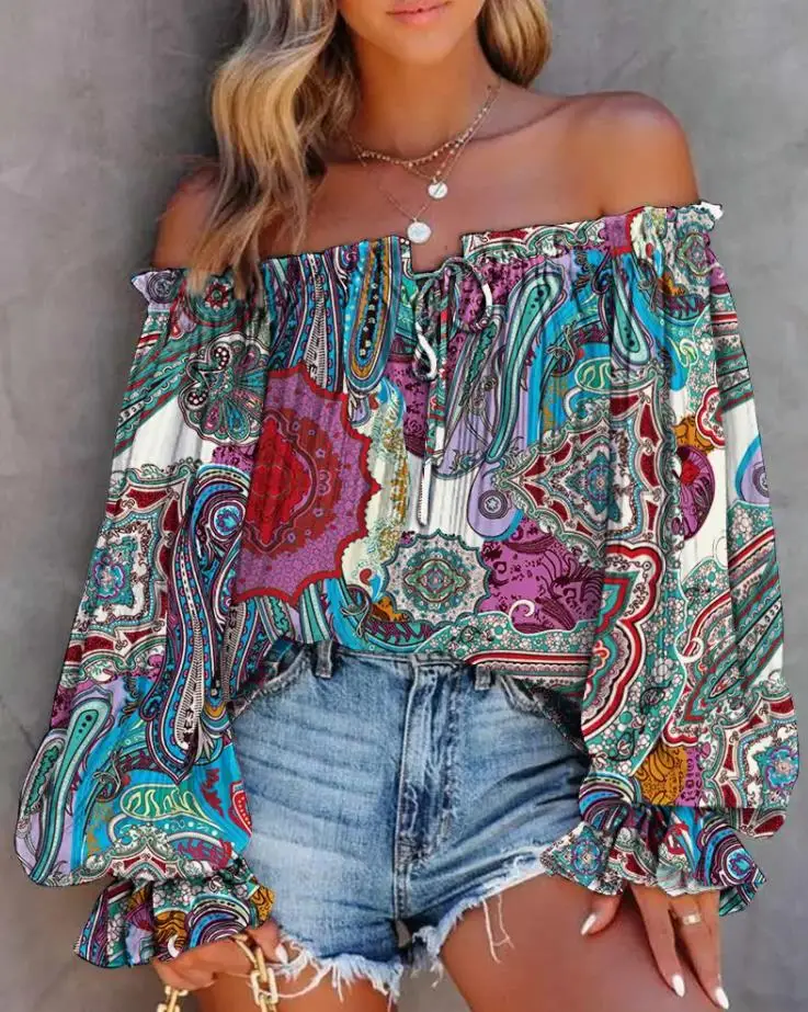 

Top Women 2024 Spring Vintage Tribal Print Off Shoulder Lantern Sleeve Tied Detail Long Sleeve Daily Vacation Top Y2K Clothes