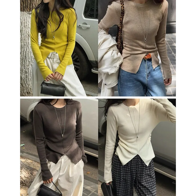 

Женский базовый свитер из чистой шерсти с разрезами по низу, облегающий, в рубчик, с утягивающим эффектом на талии