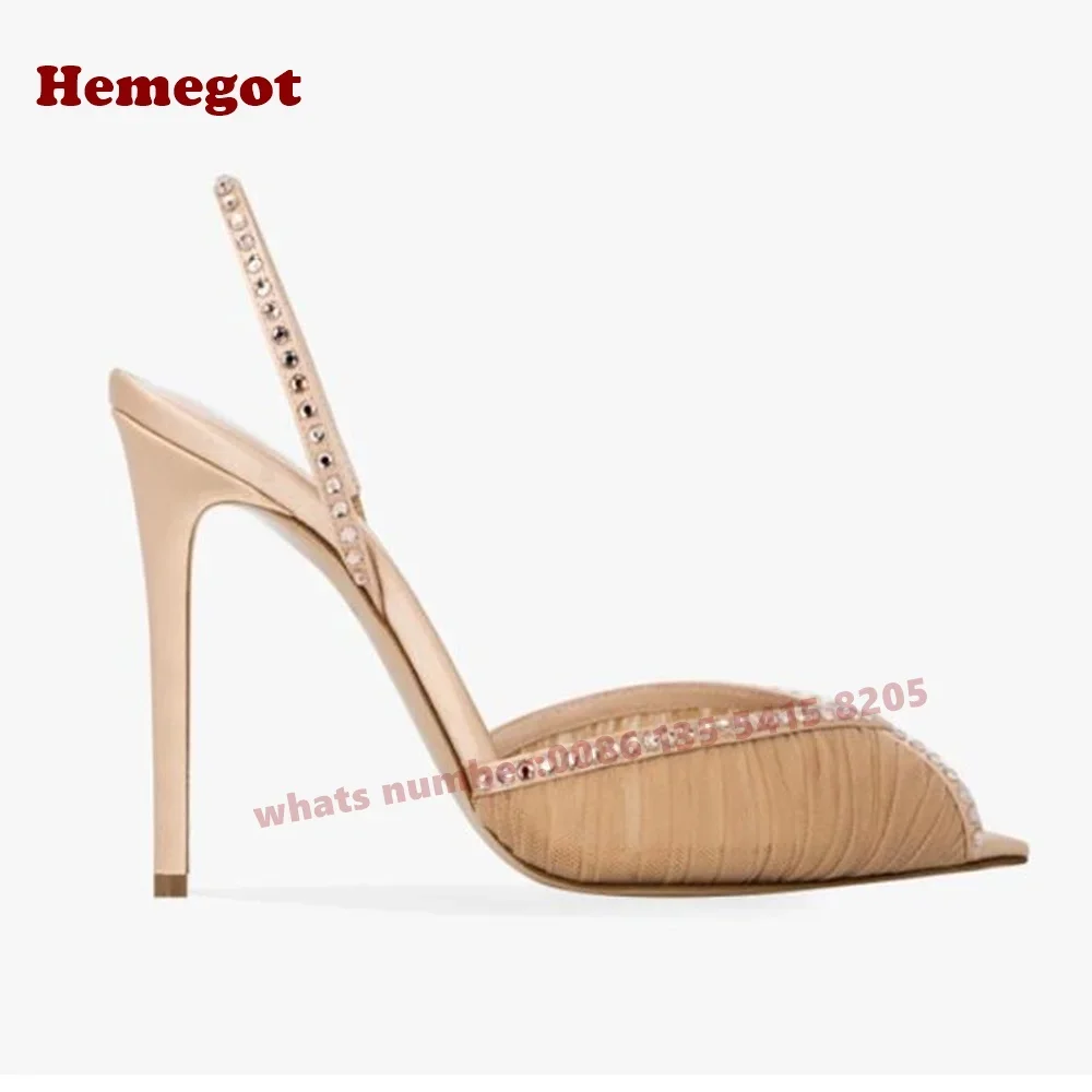 Green Rhinestones Slingback Sandals Open Toe Air Mesh Stiletto Heels Women\'s Sandals Crystals Satin Solid Summer Shoes Luxury