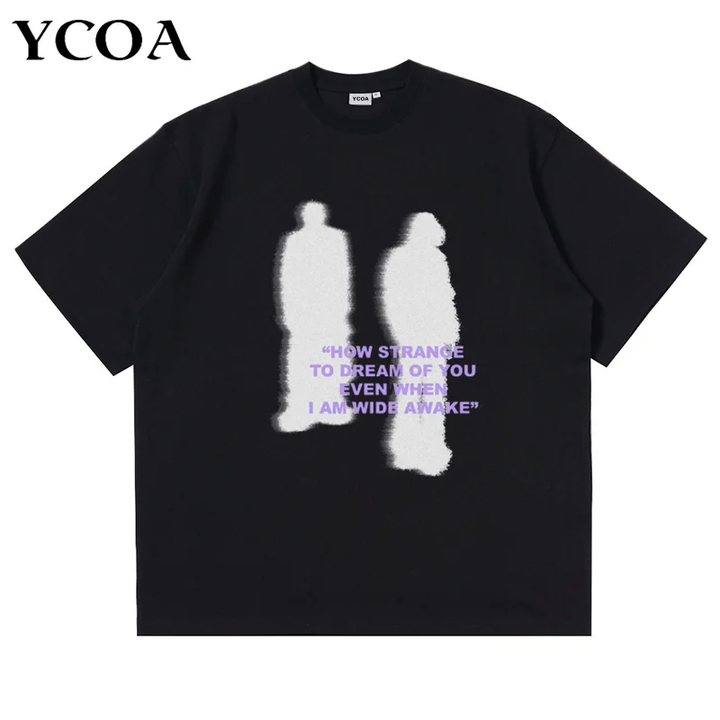 Men T-Shirt Shadow Graphic Cotton Oversized Tops Harajuku Summer Streetwear Korean Fashion Vintage Short Sleeve Tee Y2k Clothing