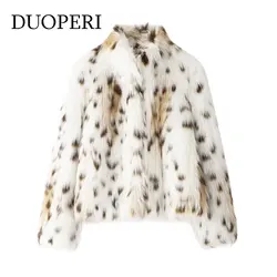 DUOPERI Women Autumn Winter Printed Faux Fur Coats Casual Hidden Breasted High Neck Long Sleeves Female Chic Lady Outfits