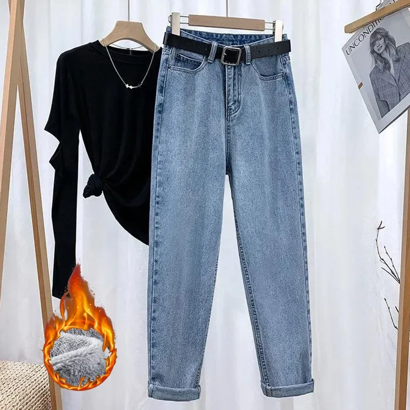 2026 Winter Girls Classic Snow Warm Plush Jeans Lady Korean Solid High Waist Trousers Women Fleece Thermal Denim Pants