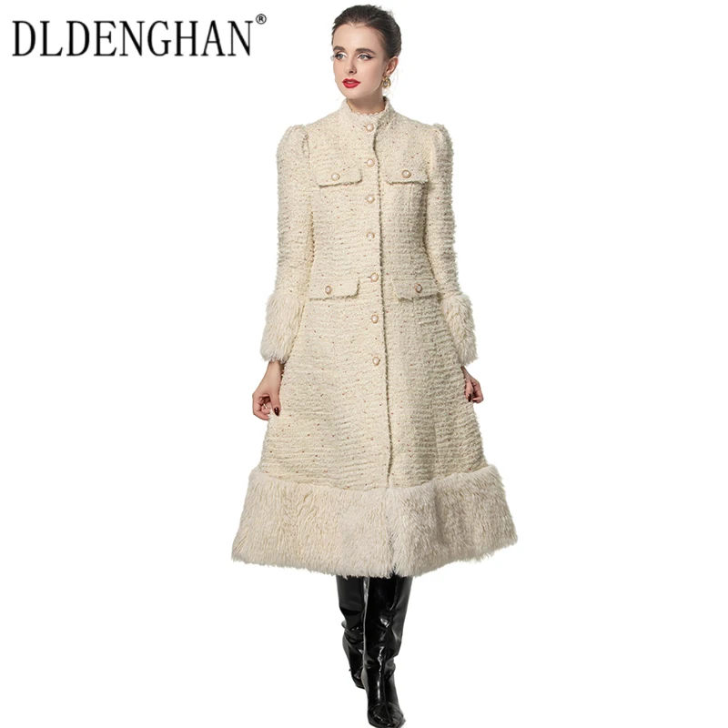 DLDENGHAN Single Breasted Tweed Coat For Women Stand Collar Long Sleeves Pockets Vintage Outerwear Fashion Autumn Winter New