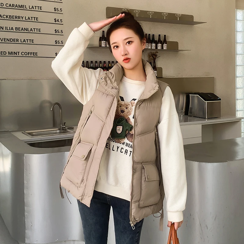 CRRIFLZ Autumn Winter Women's Stand Collar Coat Solid Sleeveless Pocket Jacket For Ladies Zipper Loose Warm Cotton Vest