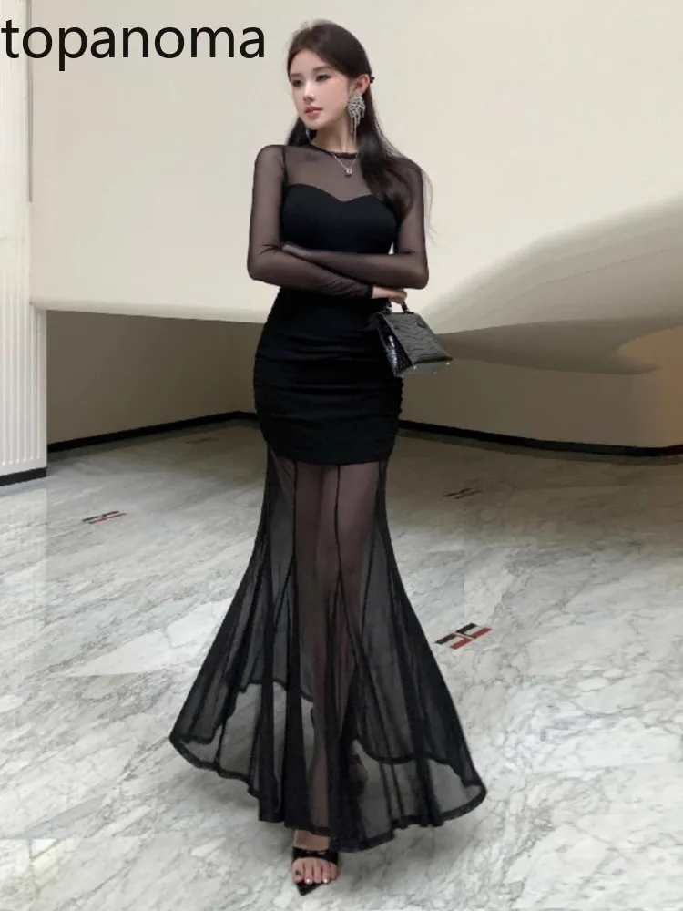 Topanoma Evening Dresses Women Mesh Patchwork Long Sleeve Temperament Banquet Cocktail Mermaid Dress Birthday Party Sexy Female