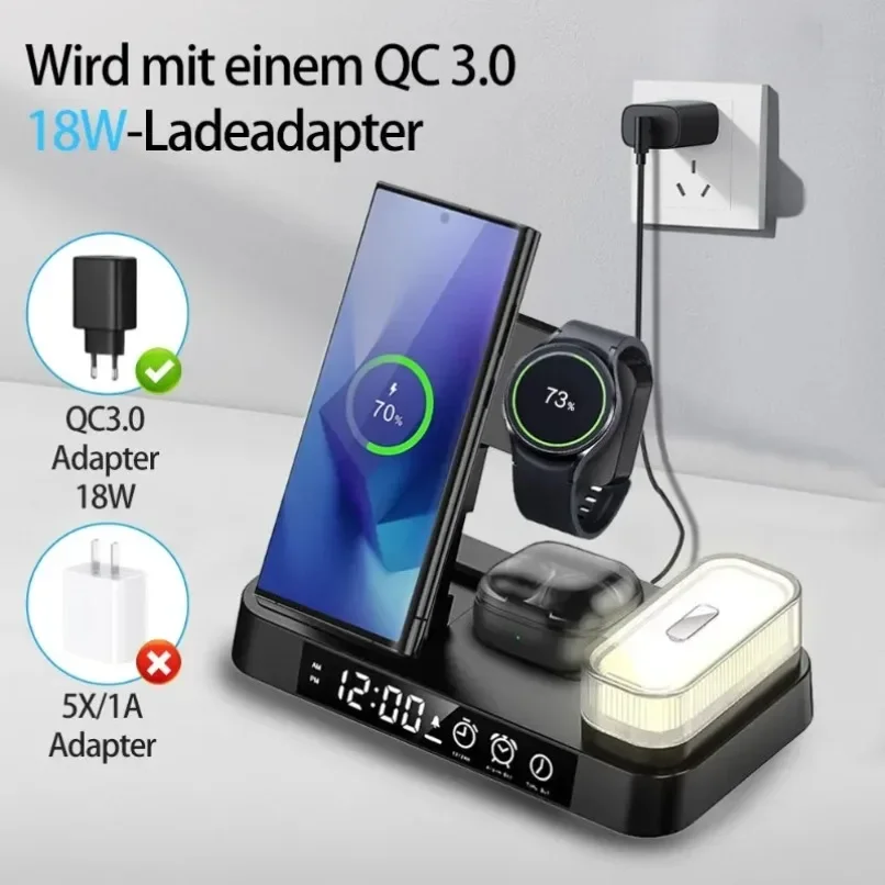 Desktop 4‑in‑1 Wireless Charging Dock With Digital Clock & Night Light Multi‑Device Charger Holder For Cell Phone Smart Watch
