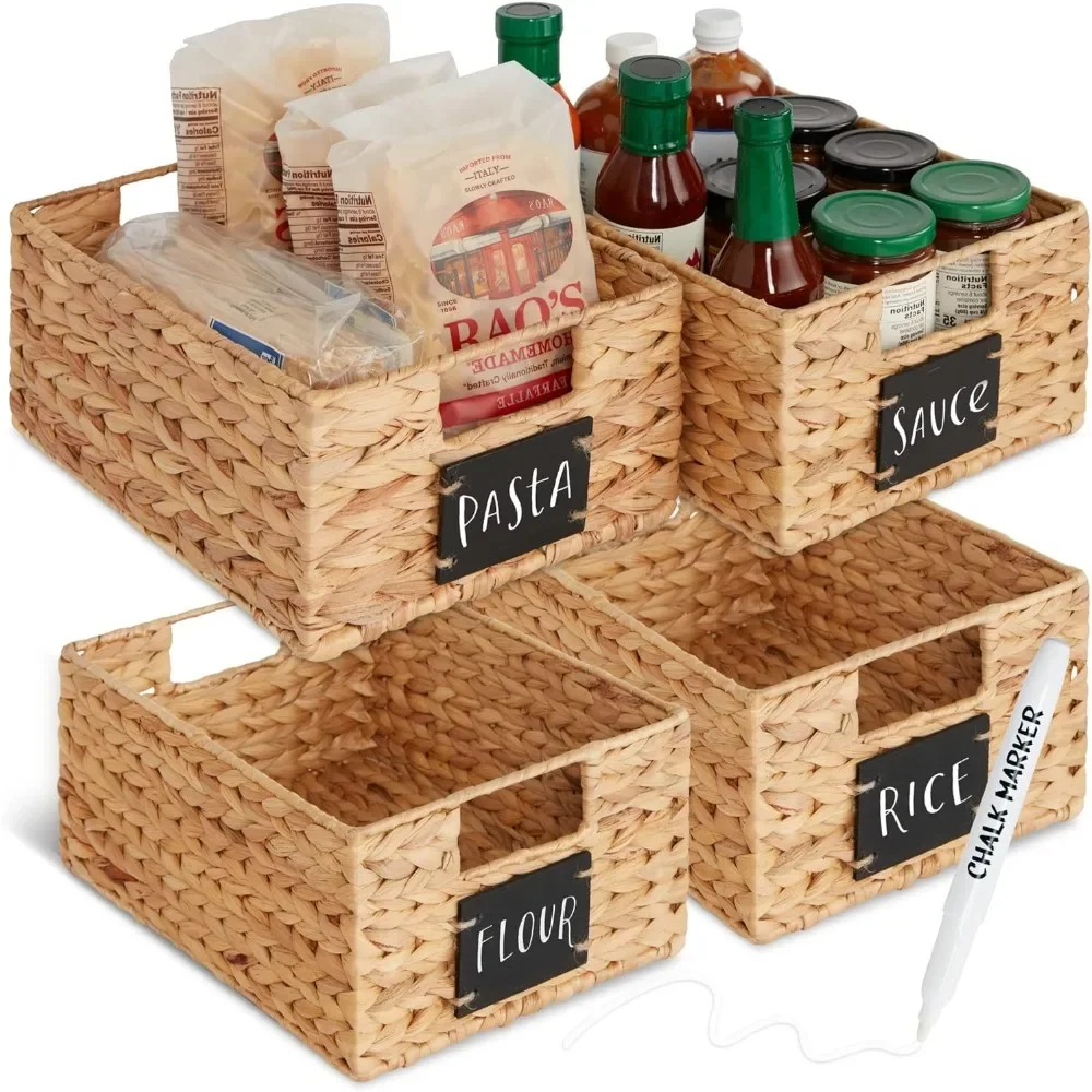 

Water Hyacinth Pantry Baskets, Woven Kitchen Organizers w/Chalkboard Label, Chalk Marker -Natural